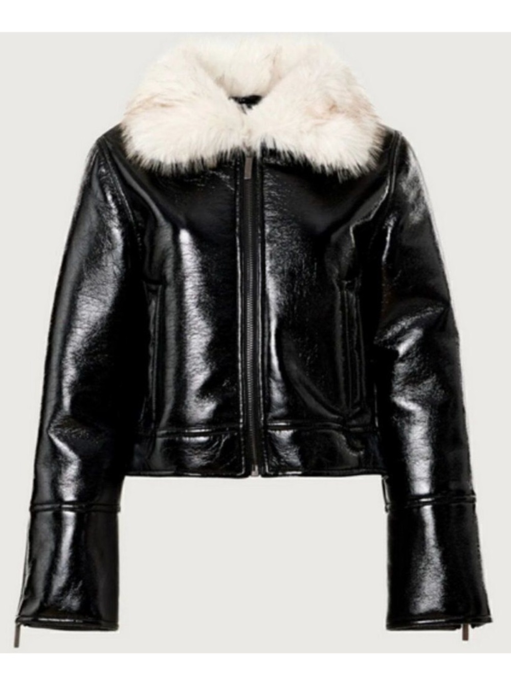 Unreal Fur Black Bomber Jacket with White Faux Fur Collar